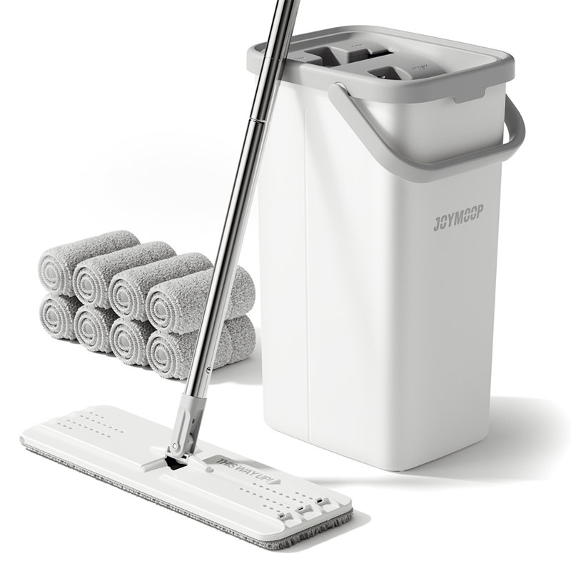 JOYMOOP Flat Squeeze Mop and Bucket Set, with 50" Mop Handle and Grey Microfiber Pads, 8
