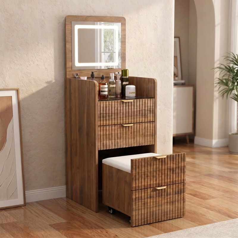 Meuble-lavabo 3 en 1 avec tabouret roulant, 3 tiroirs et charge, meuble-lavabo compact avec miroir rabattable et lumières