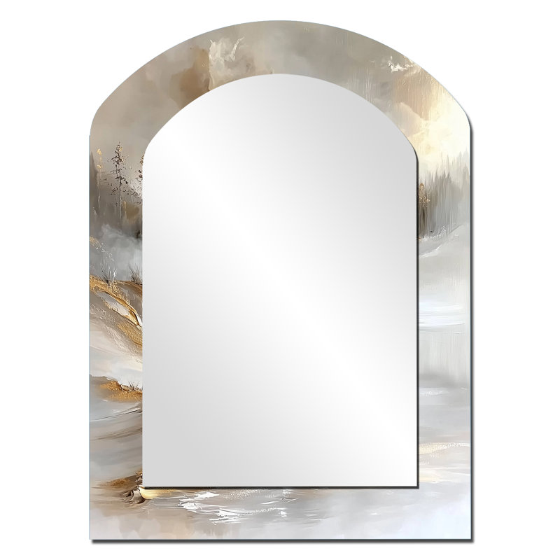 Pure Golden Winter Beach Landscape V - Miroir décoratif en arche côtière sur métal, 34 po x 25 po