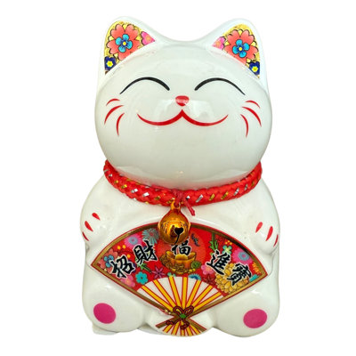 Small Lucky Cat Coin Bank - Feng Shui Maneki Neko Ceramic Piggy Bank For Good Luck & Prosperity, Feng Shui Ornament Money Fortune Cat Gift Decorations For Home, Office, Store - 4.75" Height (Fan 3)