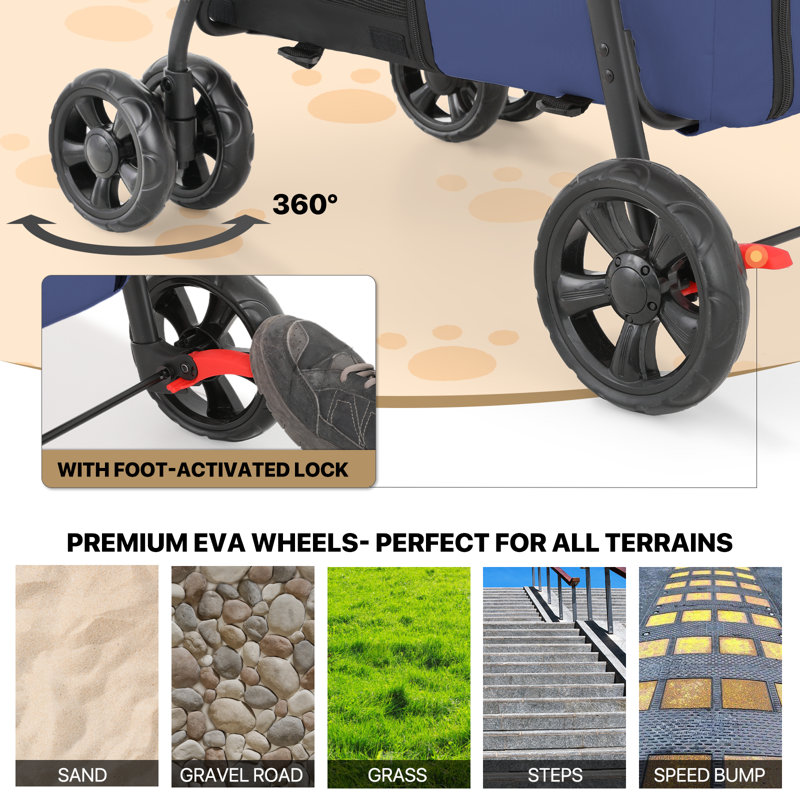 Navy Blue Double Pet Stroller with Detachable Carriers