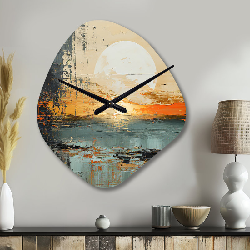 Modern Modern Coastal Mystic Sunrise I - Horloge murale asymétrique en métal, forme unique, Grand