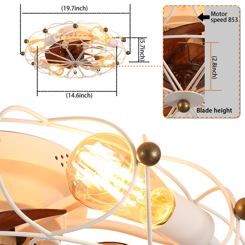 Ventilateur de plafond industriel moderne à profil bas, ventilateur en cage de 20 po avec lumière - parfait pour le salon / chambre à coucher / cuisine, télécommande, conception silencieuse et sécuritaire, 7 pales en plastique, installation rapide et facile