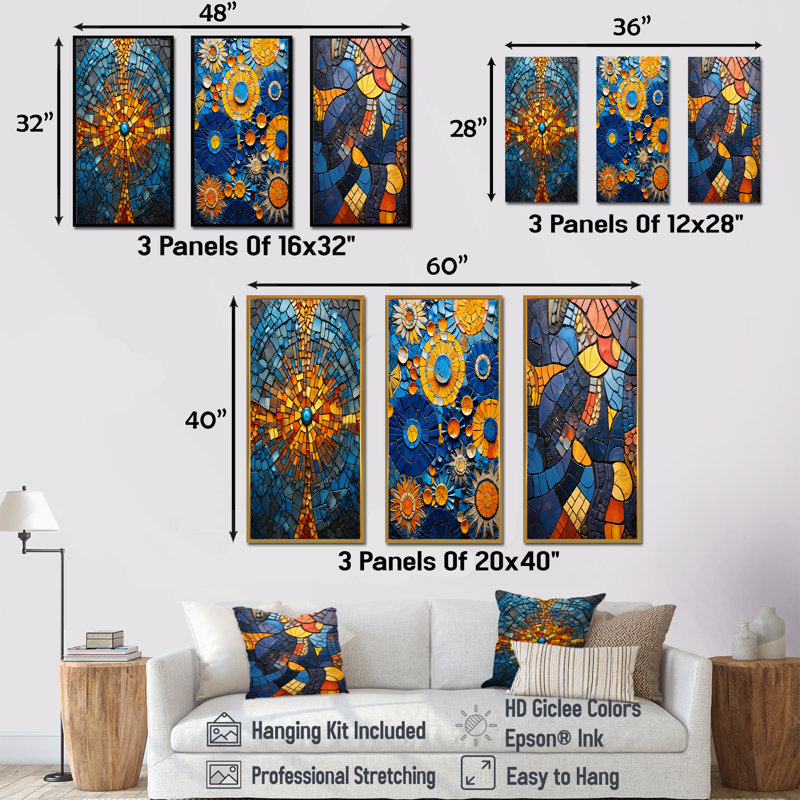 Carreaux de mosaïque jaune et bleu I - Boho, H 28 po x l 36 po, Cadre flottant blanc