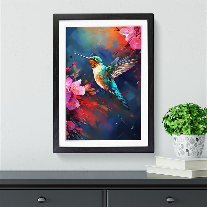 Hummingbird Tachisme - Single Picture Frame Print on Wood, 64cm H x 46cm W x 2cm D, Black Framed
