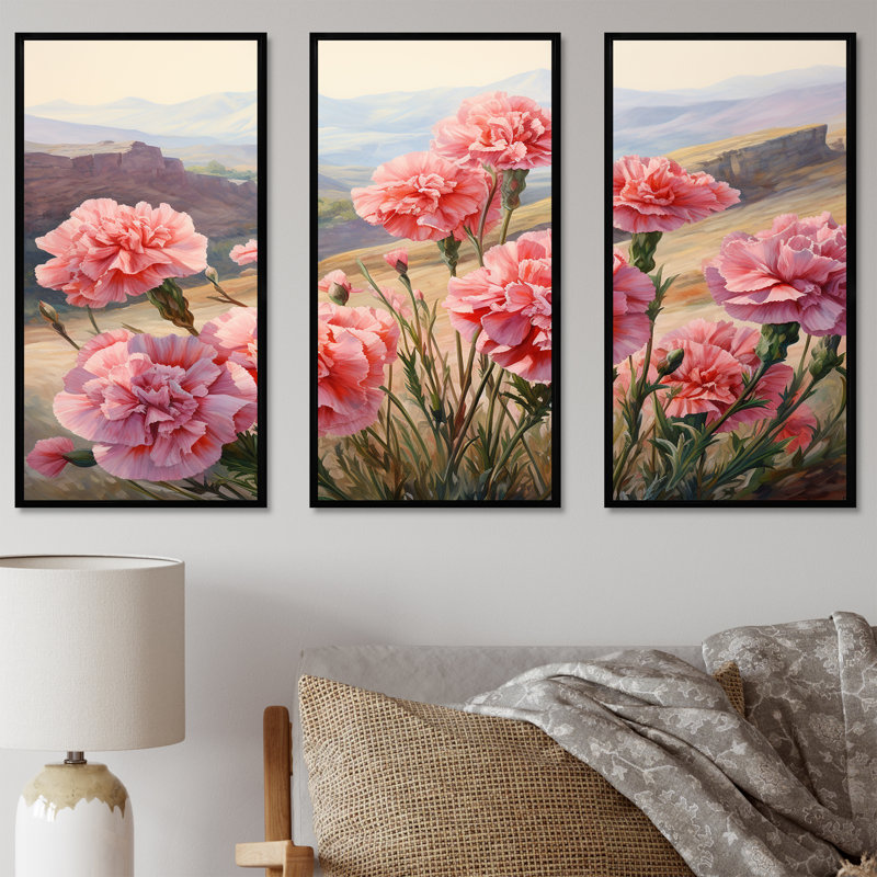«Carnations Charm In Mountain Scenery», ensemble d'art sur toile, Cadre flottant noir, H 32 po x l 48 po x P 1 po