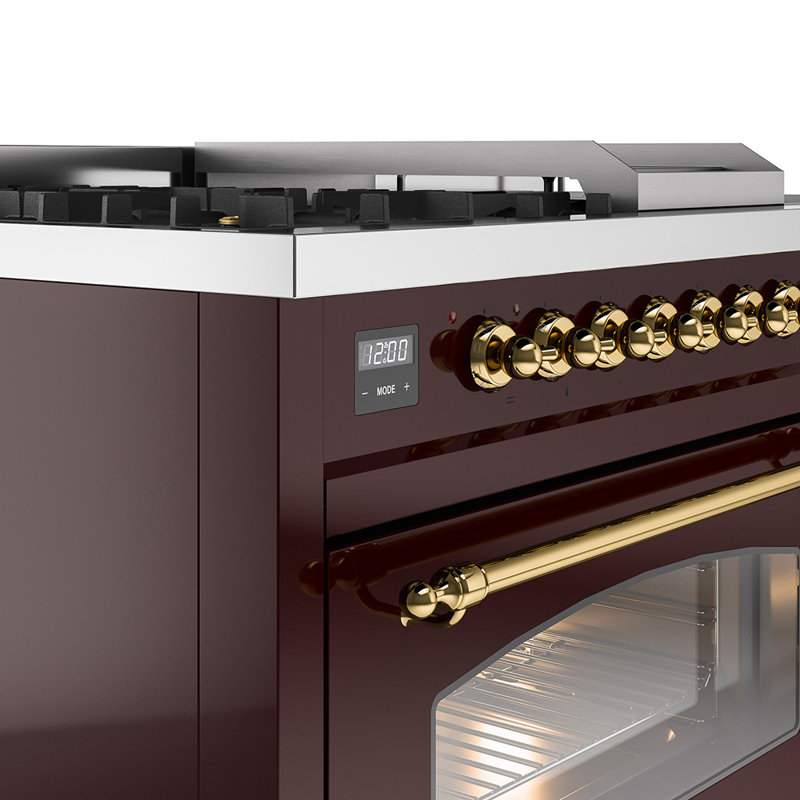 ILVE Nostalgie II 48 Dual Fuel Range, Liquid Propane, Burgundy/Brass