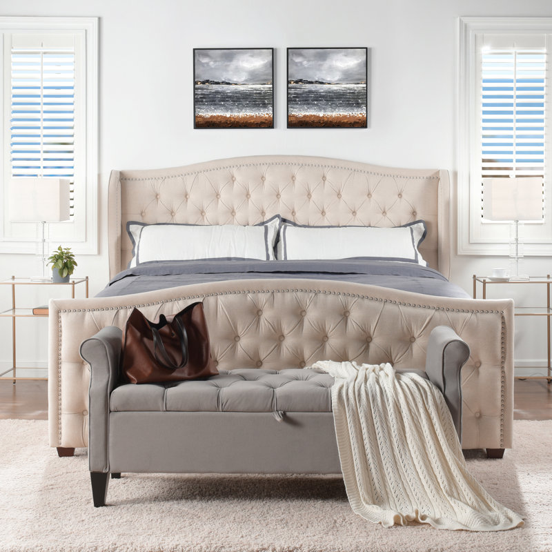 Coleman Upholstered Wingback Bed, King, Sky Neutral Beige Velvet