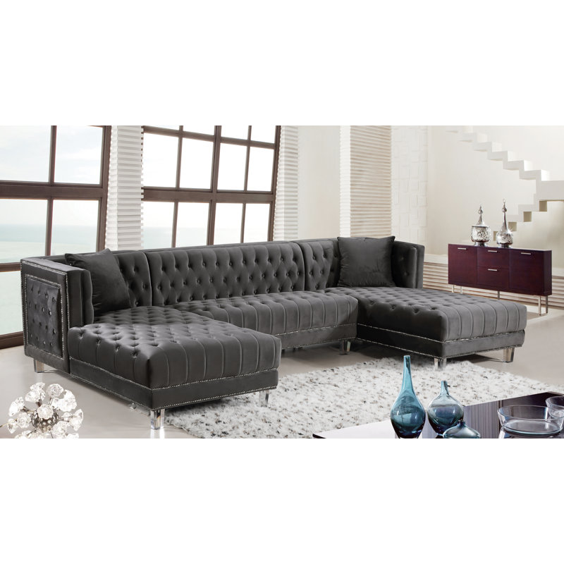 Moda 127" Wide Velvet Symmetrical Sectional, Grey Velvet