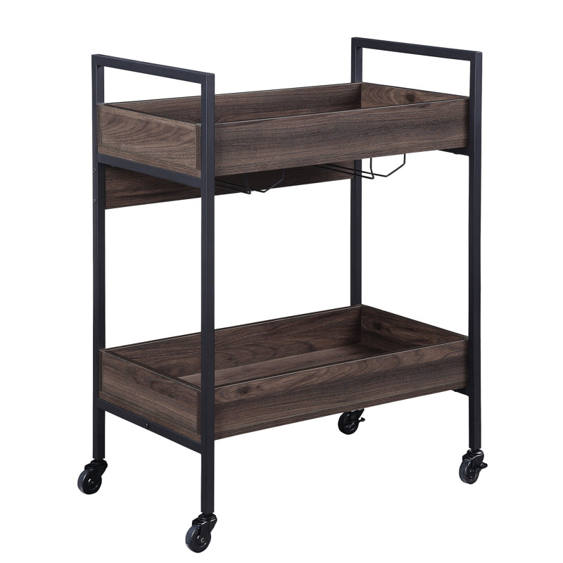 Chariot de service rectangulaire avec tablettes en noyer et noir et système de porte-gobelets à 2 niveaux
