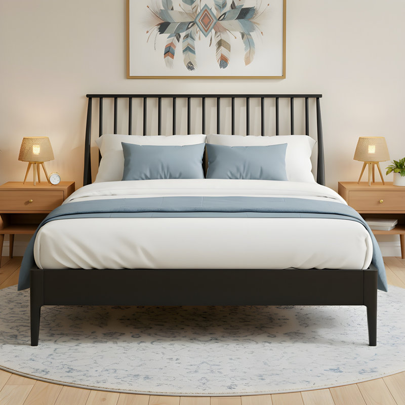 Lit plateforme en bois Mid-Century, Noir, Grand