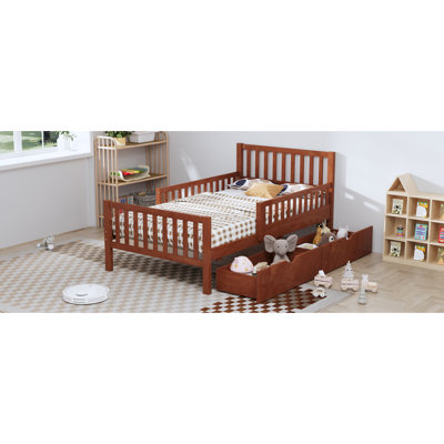 Lit simple, noyer, lit plateforme en bois, garde-corps, tiroirs de rangement, tête de lit droite, bois de pin massif, 8 supports uniformément espacés, tête de lit à solution d'optimisation d'espace, option