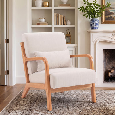 Mid-Century Modern Upholstered Accent Chair with Lumbar Pillow, Solid Rubberwood Armchair, Beige/Natural