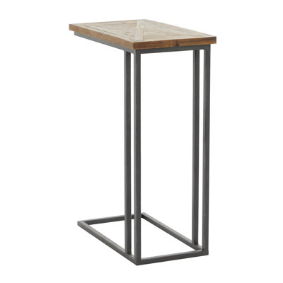 Metal C-Shaped Side End Black Accent Table with Brown Wood Top