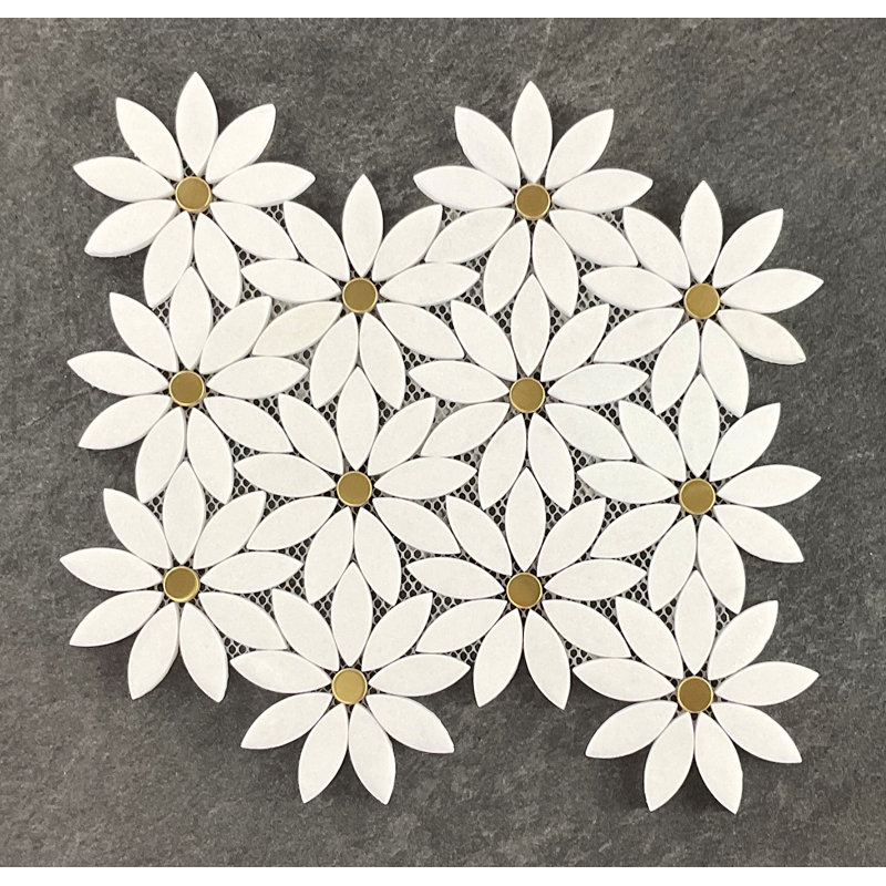 4" x 4" Thassos White Marble & Gold Metal Daisy Pattern Mosaic Wall & Floor Tile