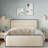King Bed With Beige Upholstered Headboard And , Metal Construction, Extra Under Storage Option Modern Bed, Frame, Head Ample Area