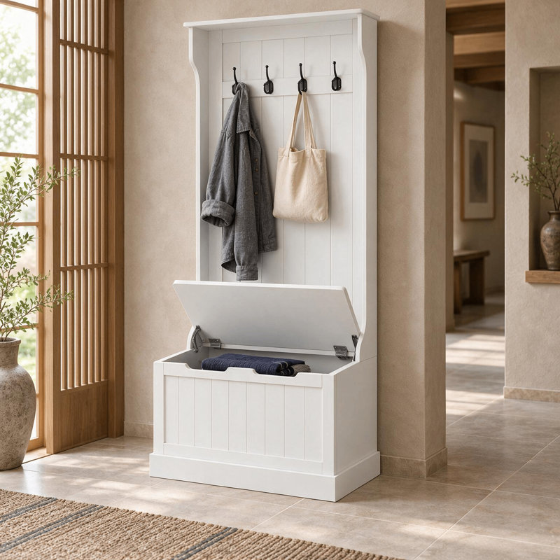 Portemanteau relevable traditionnel avec siège et quatre crochets doubles pour halls d'entrée et couloirs, White