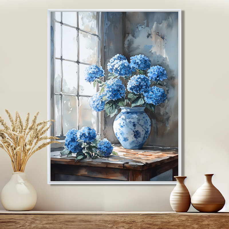 Hortensias dans une nature morte scène II - hydrangées, art mural, Impression encadrée sans passe-partout, H 20 po x l 12 po