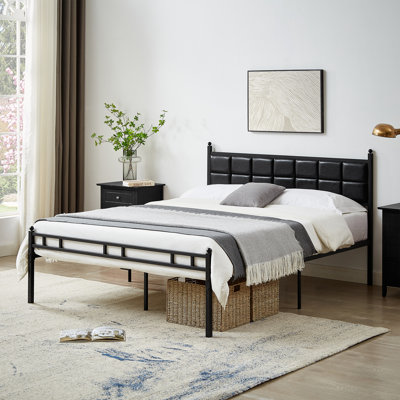 Base de lit en métal avec tête de lit capitonnée en similicuir, base de lit plateforme robuste, support en lattes d'acier noir robuste, aucun sommier requis, silencieux, grand
