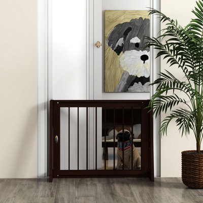 Barrière en bois pour animaux de compagnie, barrière rétractable pour chien à 3 panneaux avec largeur réglable de 28 po à 74,8 po, tapis antidérapants, support stable, pour l'intérieur, brun autoportant 3 réglable de 28 à 75 po, intérieur