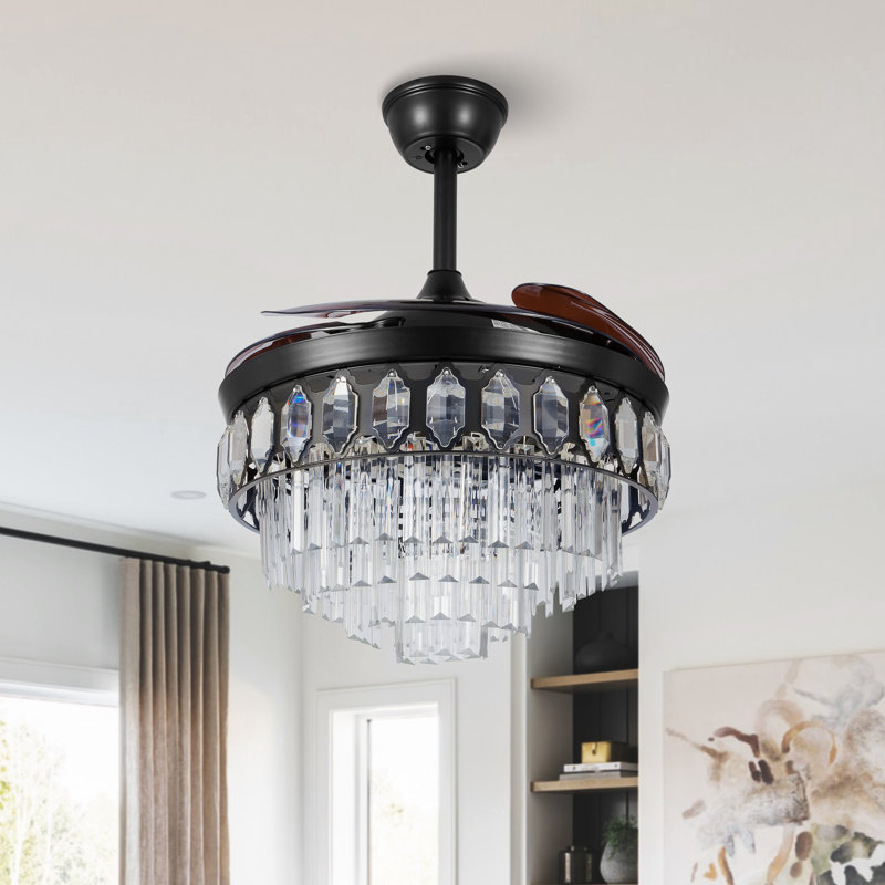 Ventilateur de plafond en cristal 42 po à 6 vitesses rétractable moderne avec lumière et télécommande