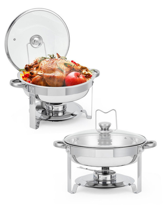 Ensemble de 5 réchauds à vaisselle ronds de 5 pintes - Buffets et réchaud avec couvercle en verre, support et ramasse-gouttes, acier inoxydable pour les fêtes, les mariages, les banquets, la restauration