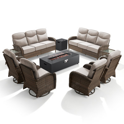 9-Piece Outdoor Garden Nighttime Moments Family Sofa Conversation Set With Swivel Chairs And Split-Type Fire Pit
