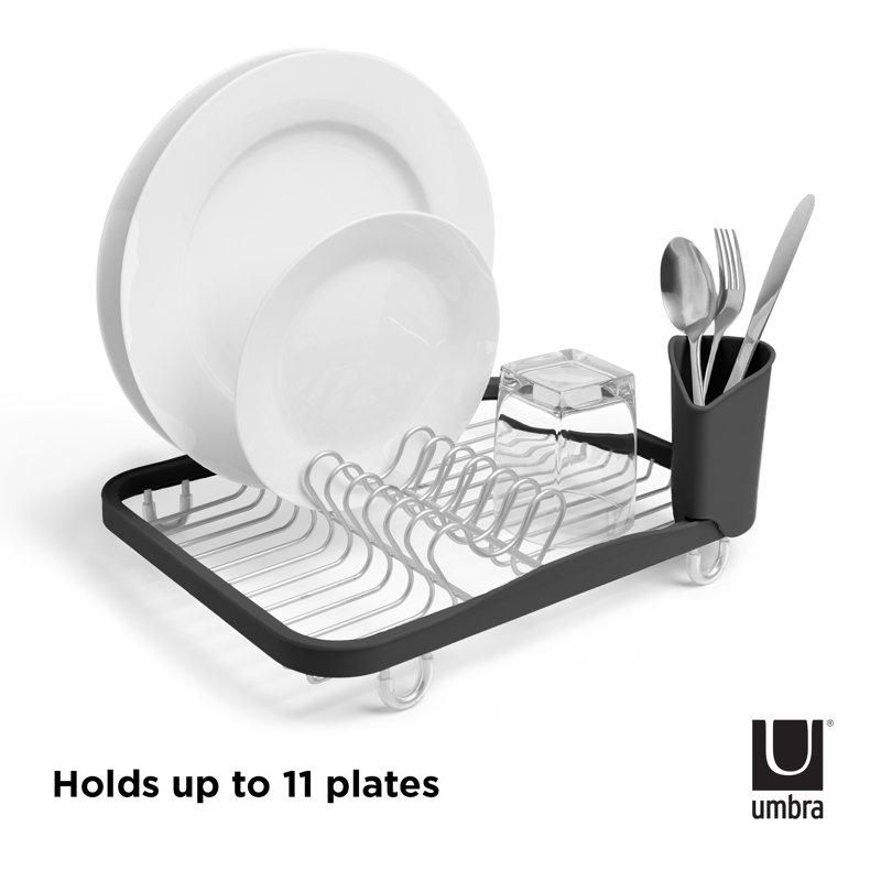 Black and Silver Metal Dish Rack with Utensil Cup