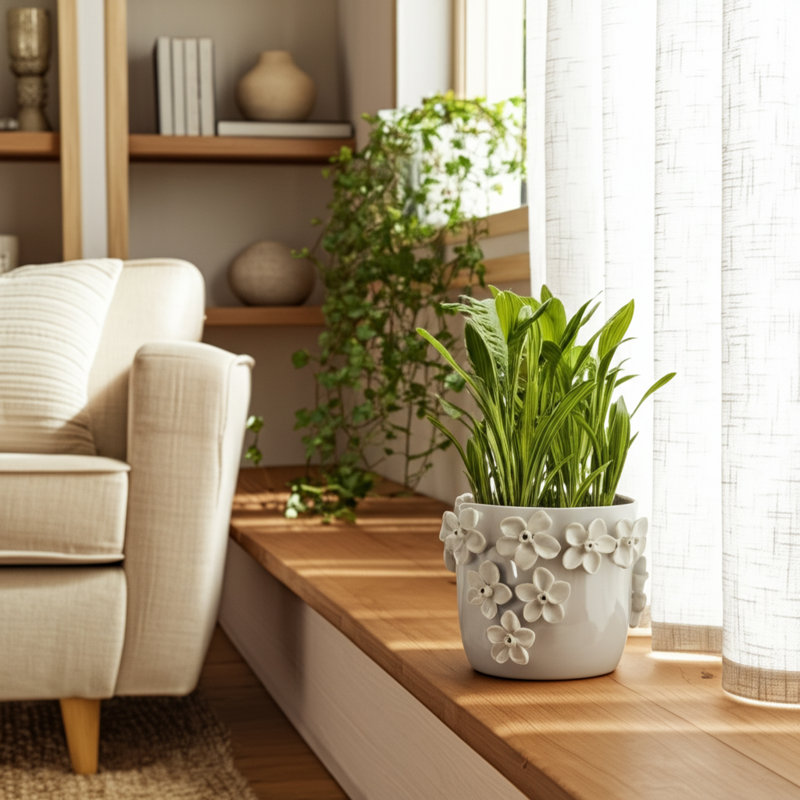 Motif floral en céramique Adeline Planter, H 7 po x l 7 po x P 7 po, Blanc