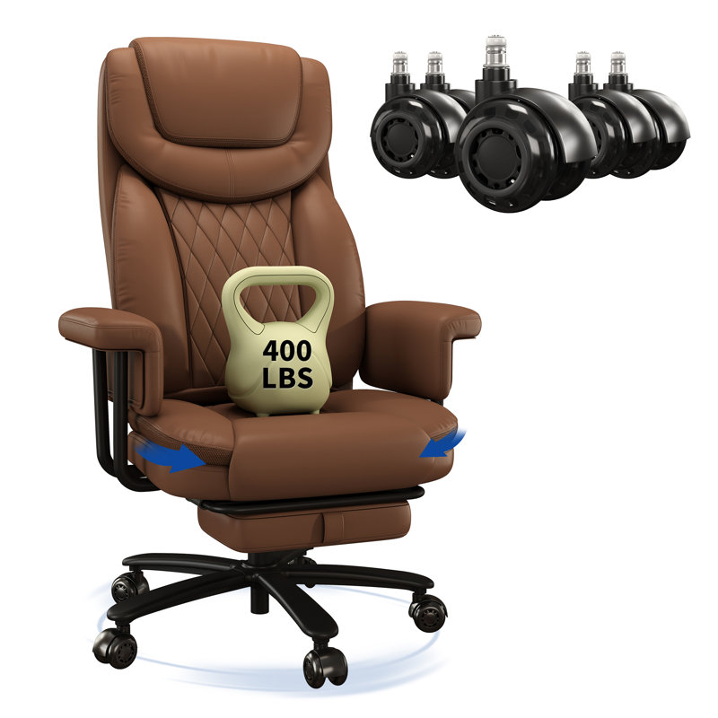 Big and Tall Reclining Office Chair with Footrest, Ergonomic Executive Leather Computer Desk Chair with Adjustable Height, 400lbs Capacity, Heavy Duty Swivel Chair with Thick Cushioned Armrests, Brown