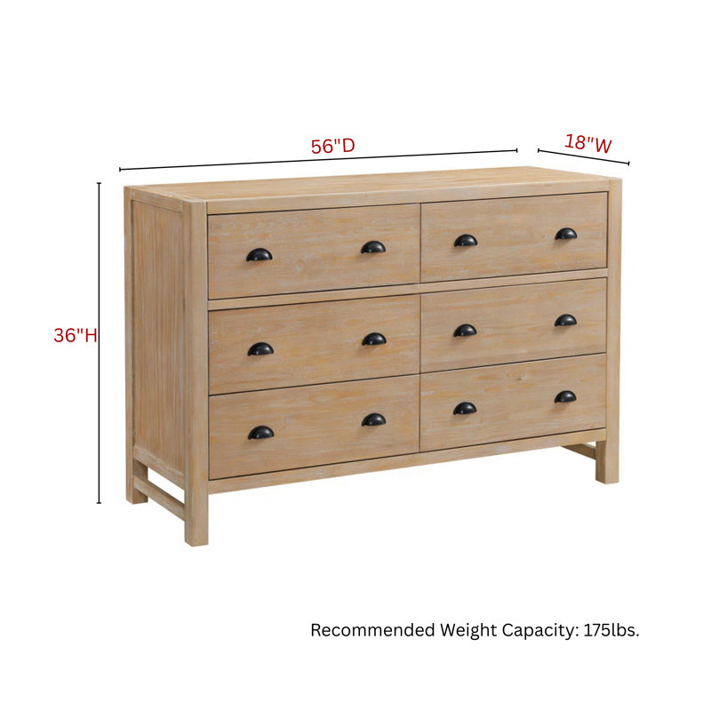 Alaterre Furniture Arden Wood Double Dresser, 81 in. W x 86 in. D x 50 in. H, 6 Drawers, Light Driftwood Finish, Modern Rustic Design, Bedroom Furniture, Metal Glides, Drawer Pulls