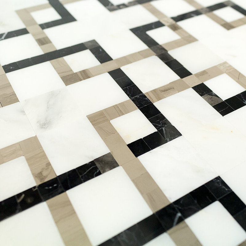 Labyrinth 11x11 Polished Nero Lined Marble Mosaic Tile