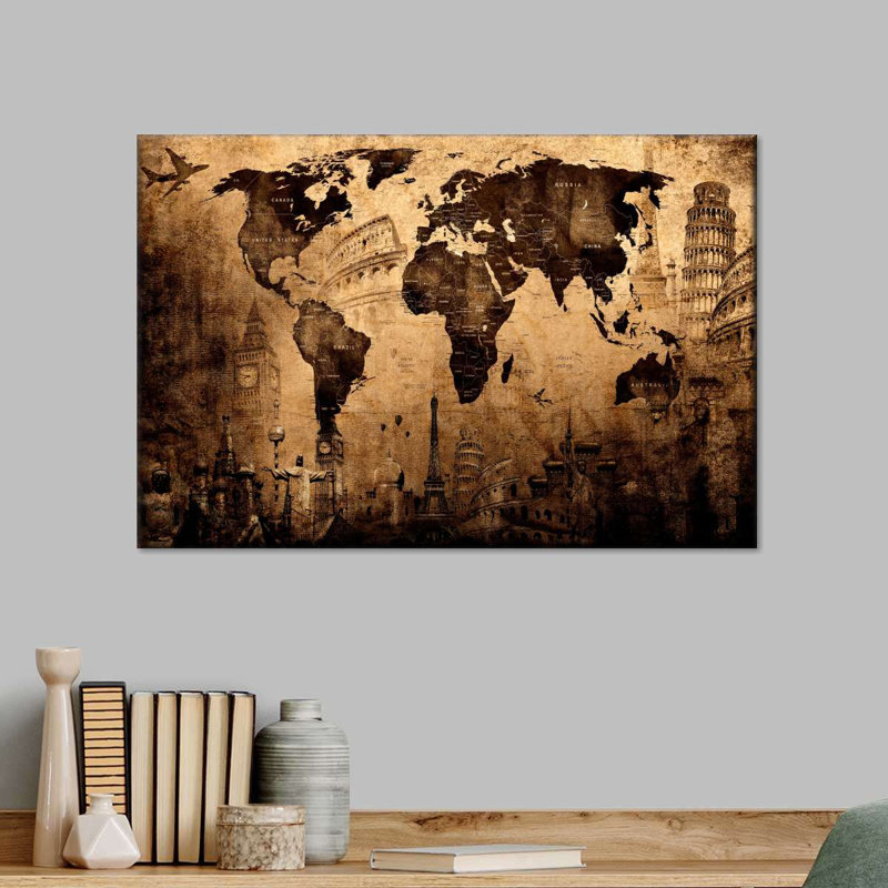 «Old Landmark World Map», reproduction sur toile, H 16 po x l 24 po x P 1,25 po