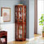 Vitrine d'angle avec 4 tablettes réglables en verre trempé et système d'éclairage, pieds en bois massif, panneau arrière en miroir en acrylique-1448056857