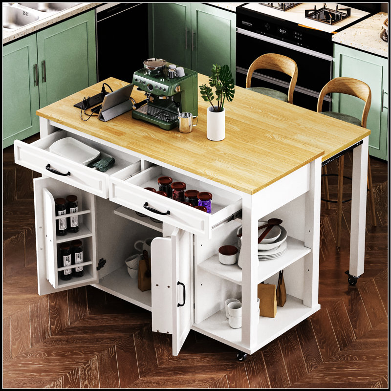 47 Inch Extendable Kitchen Island With Storage, Power Outlets, And Mobile Design For Modern Kitchens, White