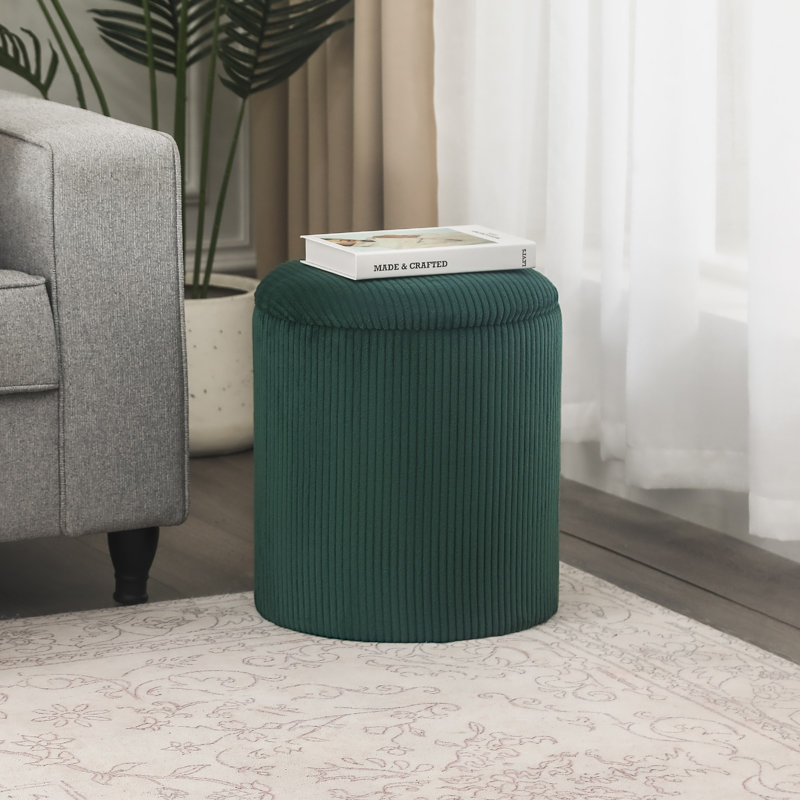 16.9 Inches Height Upholstered Round Storage Ottoman, Dark Green Corduroy