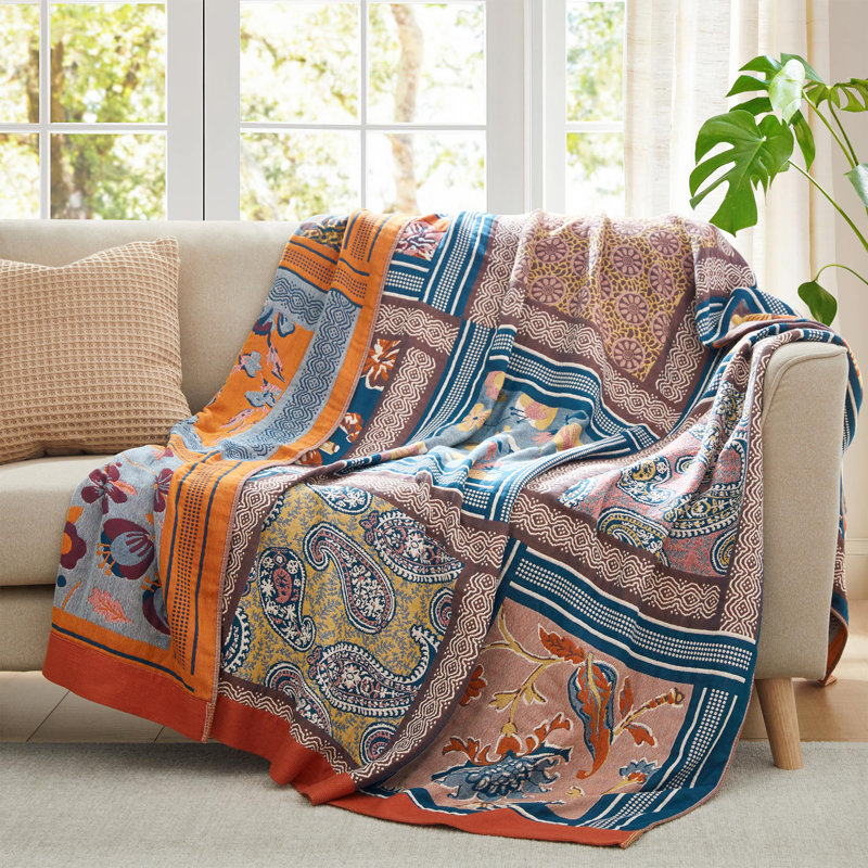  Jeté 100% coton Boho, Bleu / multicolore