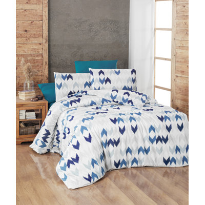 100% Cotton Ranforce Double Quilt Cover Set, White & Dark Blue, Duvet Cover 78.7 x 86.6 inches, Flat Sheet 86.6 x 94.5 inches, 2 Pillowcases 19.7 x 27.6 inches | 142 Thread Count, Machine Washable, Elegant Design