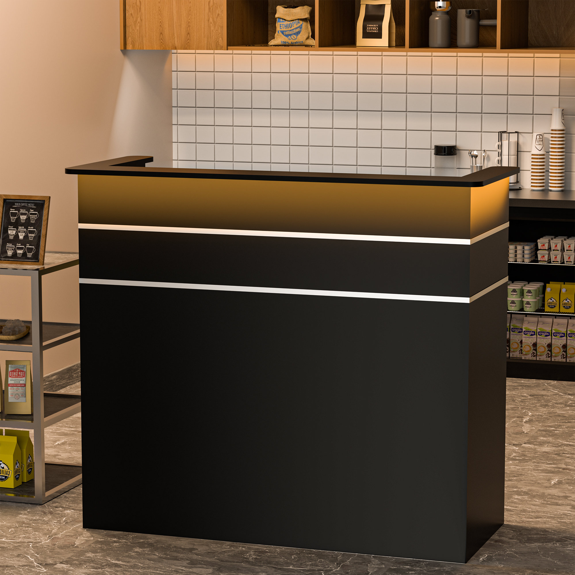 CartBit Modern Reception Desk - Front Desk Reception Counter With Wave Panel & LED Light Strip | Customizable Logo & Lockable Drawer, For Salon Reception Room Checkout Office,H - Right,L 160cm/63in