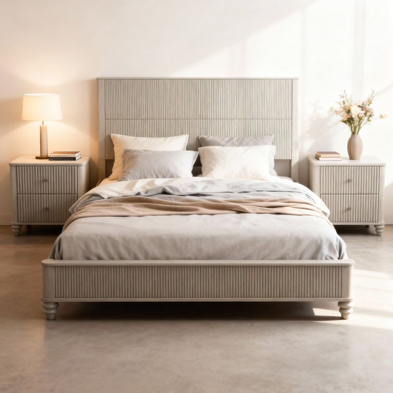 Ensemble de chambre à coucher 3 pièces avec lit et 2 tables de chevet, Beige, Très grand lit