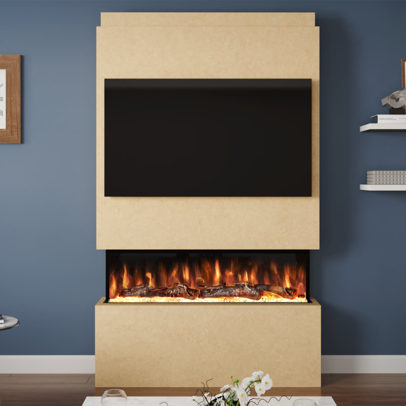  Pre-Built Media Wall Package 18 | Includes 44 Inch Spectrum Series 3-Sided Electric Fireplace | TV Feature Wall with LED Flame Effect | Made in the UK