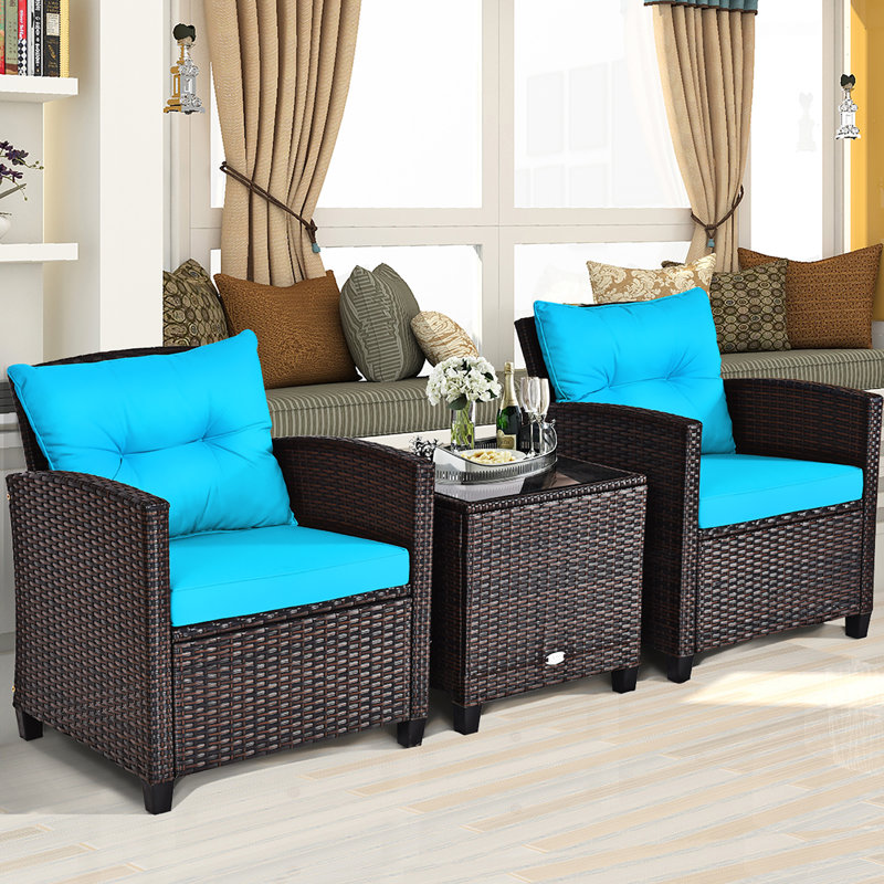 Ensemble de conversation en rotin 3 pièces avec coussins Chunn, Turquoise, Brun