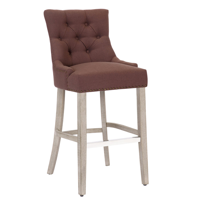 Linen Fabric Tufted Upholstered Counter Stool, Brown Linen/Antique Gray Frame, Bar Stool (29” Seat Height)