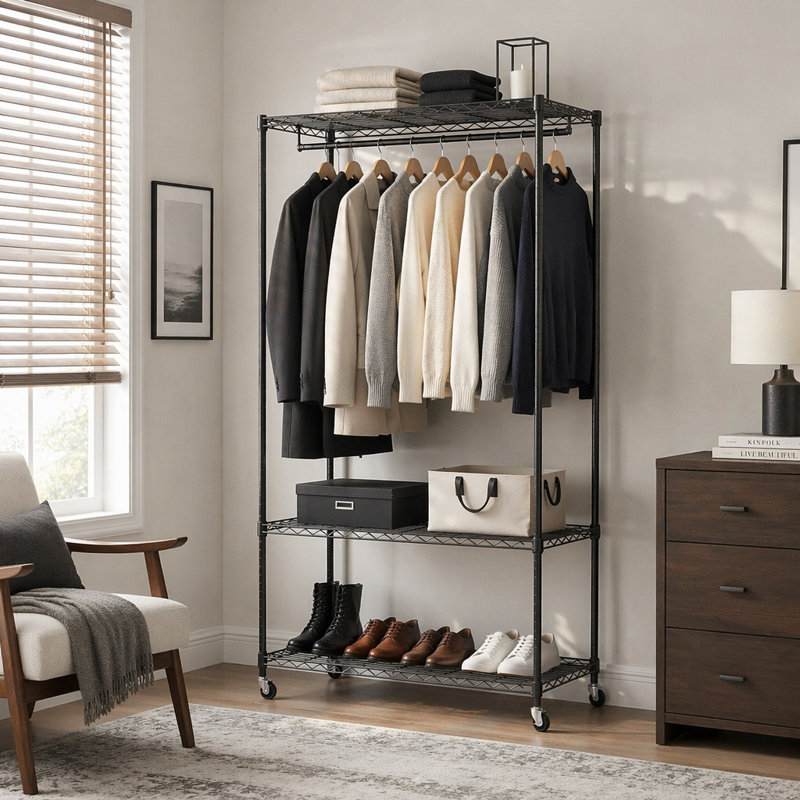 Porte-vêtements autoportant robuste avec tablettes et roues réglables, idéal pour le rangement organisé dans les petits espaces