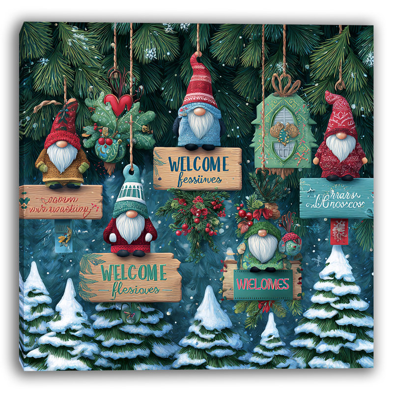 «Gnome Welcome Ornaments in Pine», art mural sur toile tendue, H 40 po x l 40 po