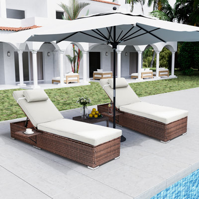 Outdoor Wicker Chaise Lounge Set Patio Reclining Chaise With Side Table And Cushions
