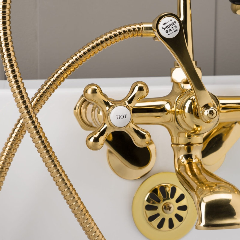 3 Handle Wall Clawfoot Tub Faucet with Diverter, Polished Brass