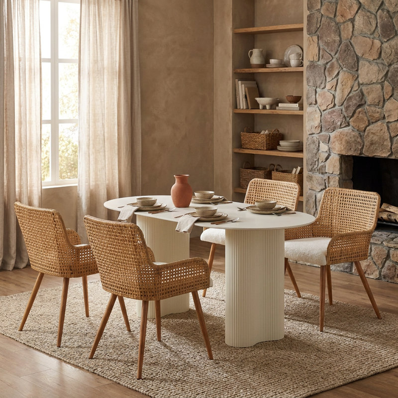 Rattan Dining Chairs,farmhouse Upholstered Boucle Kitchen Chair With Armrest,pe Rattan Dining Room Chairs, Mesh Back Cane Chairs With Metal Legs,brown