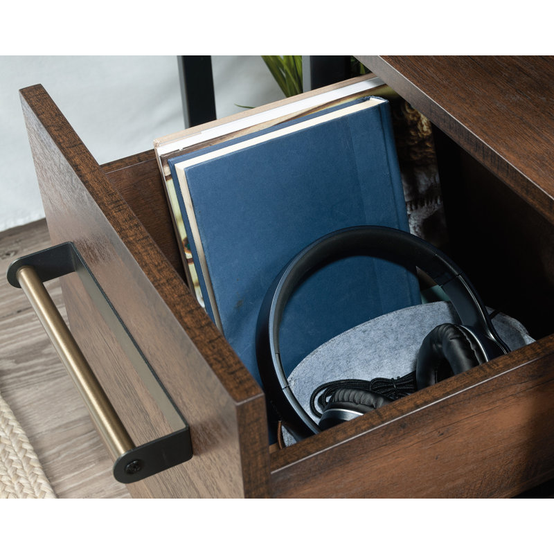 Barrel Oak and Metal Frame Nightstand with Drawer