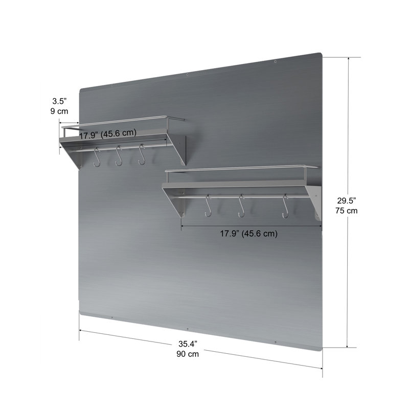 Stainless Steel Wall-Mounted Backsplash with Two-Tiered Shelf and Rack